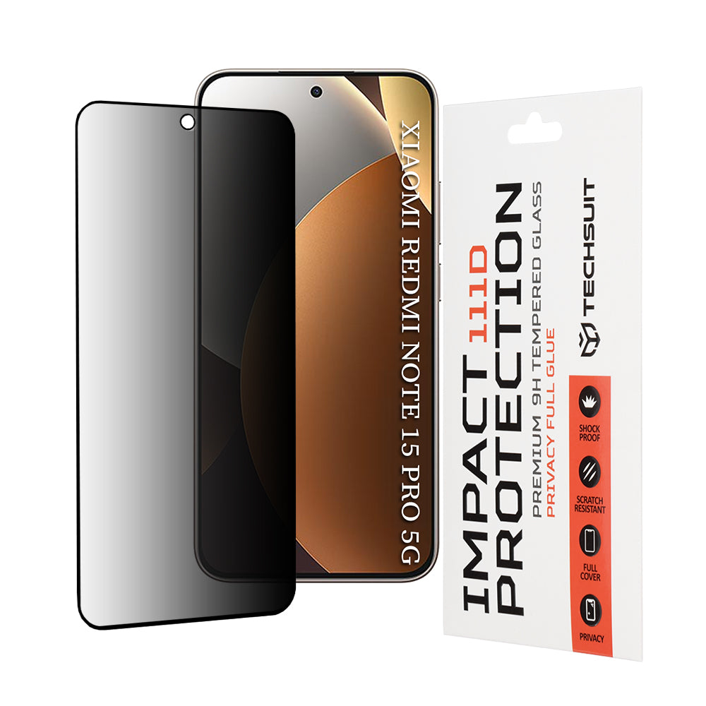 Beschermfolie Privacy Techsuit voor Xiaomi Redmi Note 15 Pro 5G, Gehard Glas, Volledige Lijm, 111D