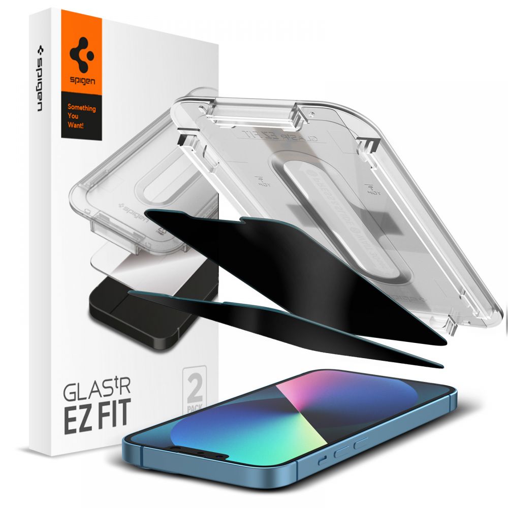Privacy Screen Protector Spigen GlastR EZ FIT voor Apple iPhone 17e / 16e / 14 / 13 Pro, Gehard Glas, Volledige Lijm, Set van 2 stuks AGL03388