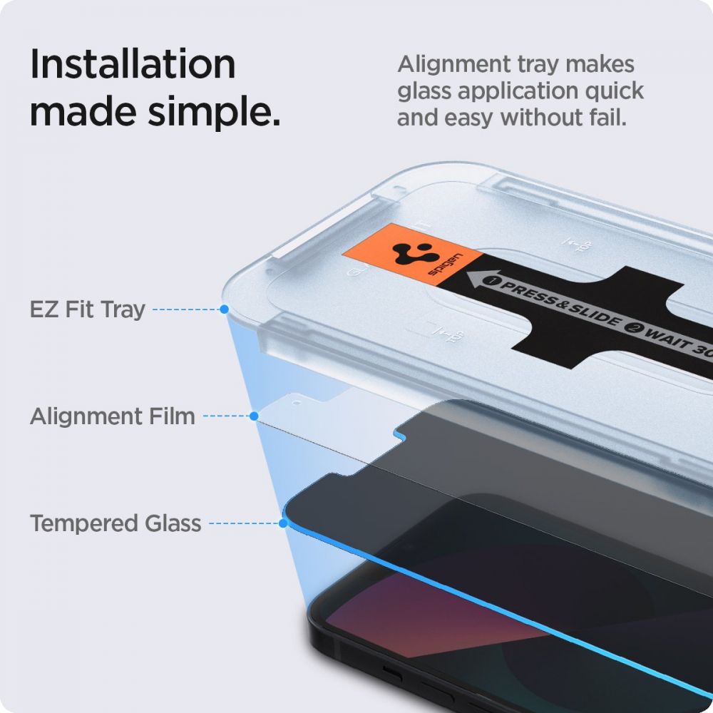 Privacy Screen Protector Spigen GlastR EZ FIT voor Apple iPhone 17e / 16e / 14 / 13 Pro, Gehard Glas, Volledige Lijm, Set van 2 stuks AGL03388