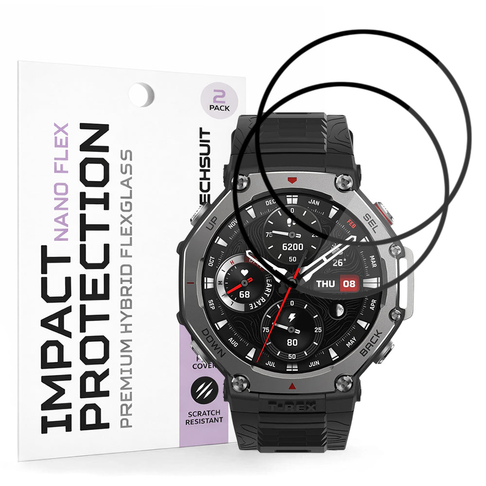 Techsuit Nano Flex Beschermfolie voor Amazfit T-Rex 3, Set van 2 stuks, Plastic, Zwart