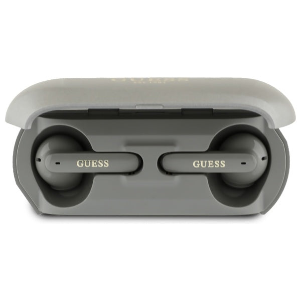 Handsfree Bluetooth Guess Verlengd Metallic Bedrukt Logo, TWS, Gri