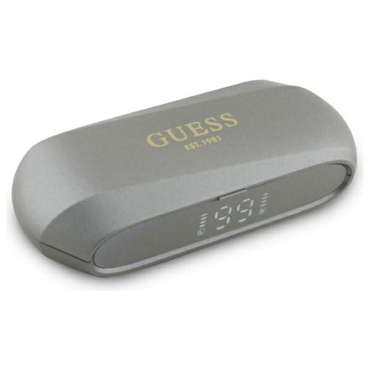 Handsfree Bluetooth Guess Verlengd Metallic Bedrukt Logo, TWS, Gri