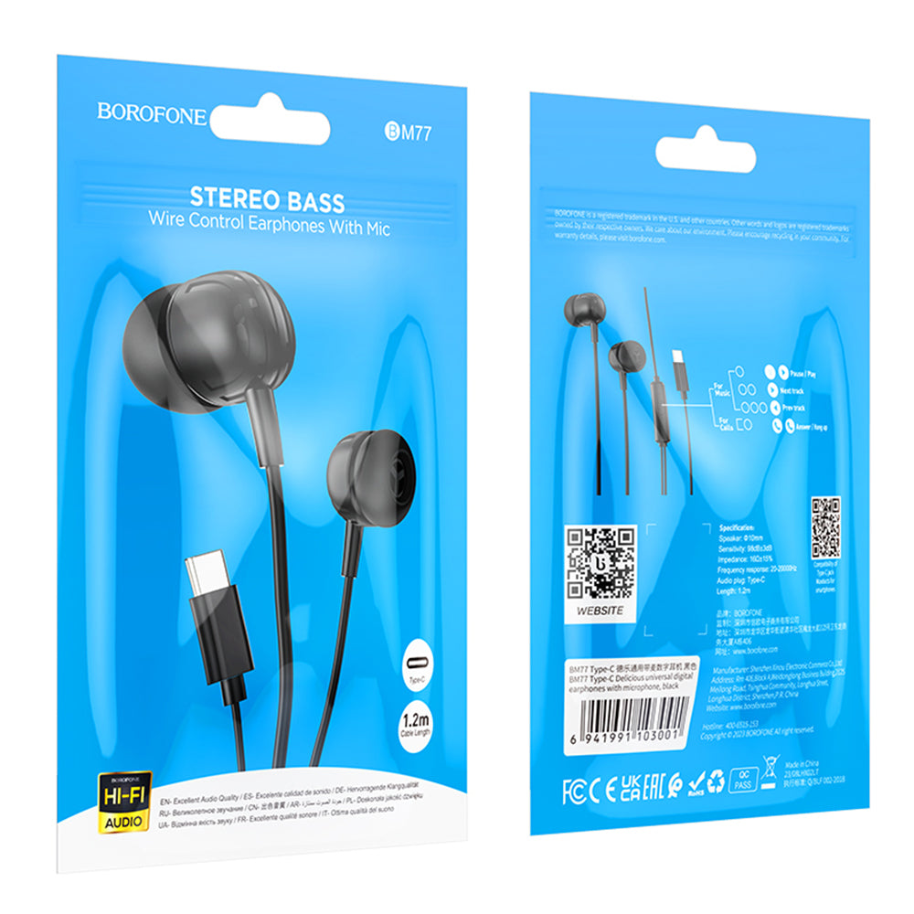 Handsfree USB-C Borofone BM77 Delicious, Zwart