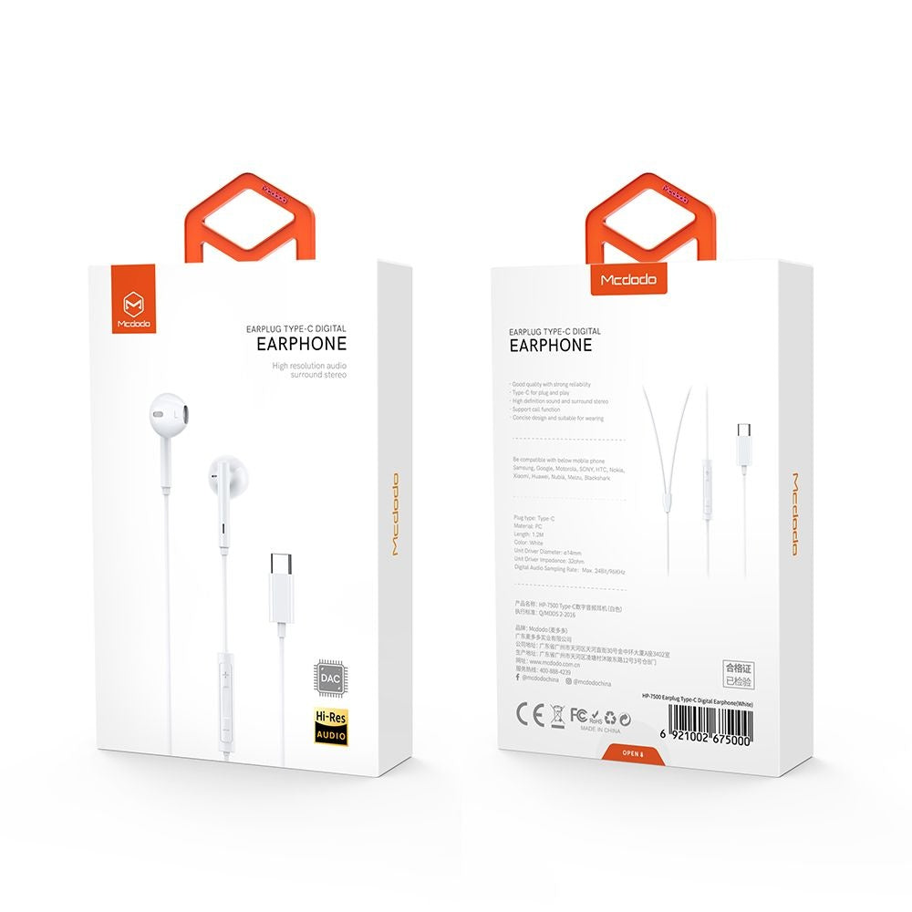 Handsfree USB-C McDodo HP-7500, Wit