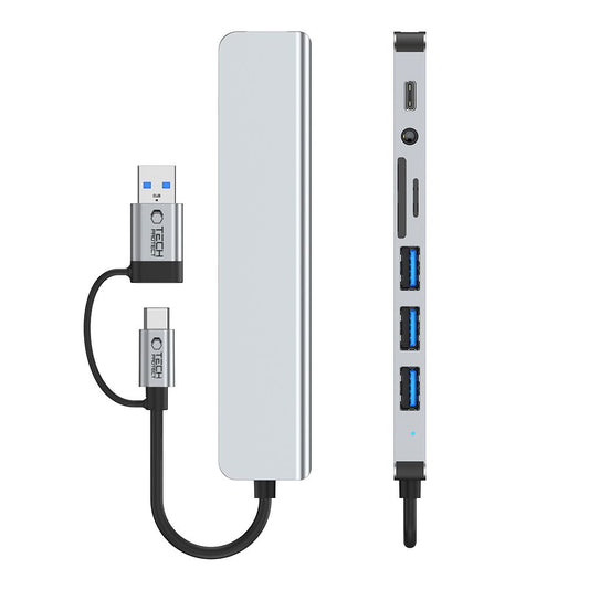 Hub USB / USB-C Tech-Protect HB06, 2 x USB-A 3.0 - 2 x USB-A - 1 x USB-C - 1 x Jack 3.5mm - 1 x SD - 1 x microSD, Gri