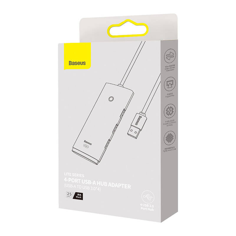 Baseus Lite USB Hub, 4 x USB-A 3.0 - 1 x USB-C, 0,25 m, Zwart WKQXX030001