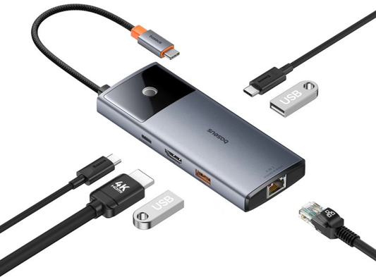 USB-C Hub Baseus Metal Gleam II, 2 x USB-A - 2 x USB-C - 1 x HDMI - 1 x RJ45, Grijs B00061802813-00