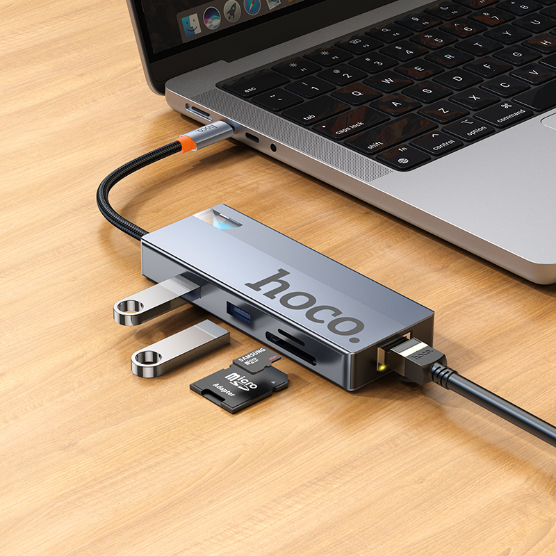 USB-C Hub HOCO HB52, 2 x USB-A 3.0 - 2 x USB-C - 1 x HDMI - 1 x RJ45 - 1 x SD - 1 x microSD, Grijs