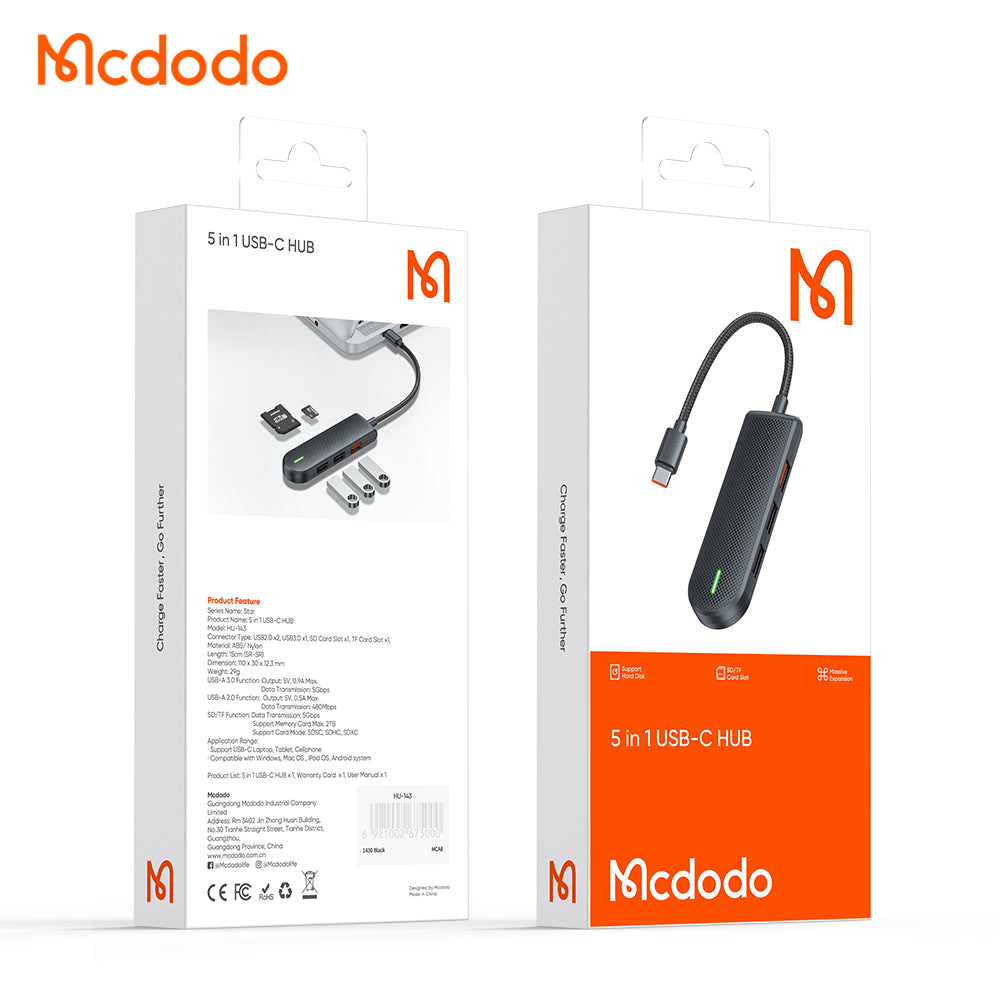 USB-C Hub McDodo HU-1430 Star, 5in1, Zwart