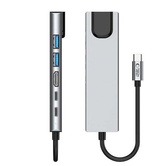 Hub USB-C Tech-Protect HB02, 1 x USB-A 3.0 - 1 x USB-A - 2 x USB-C - 1 x HDMI - 1 x RJ45, Gri