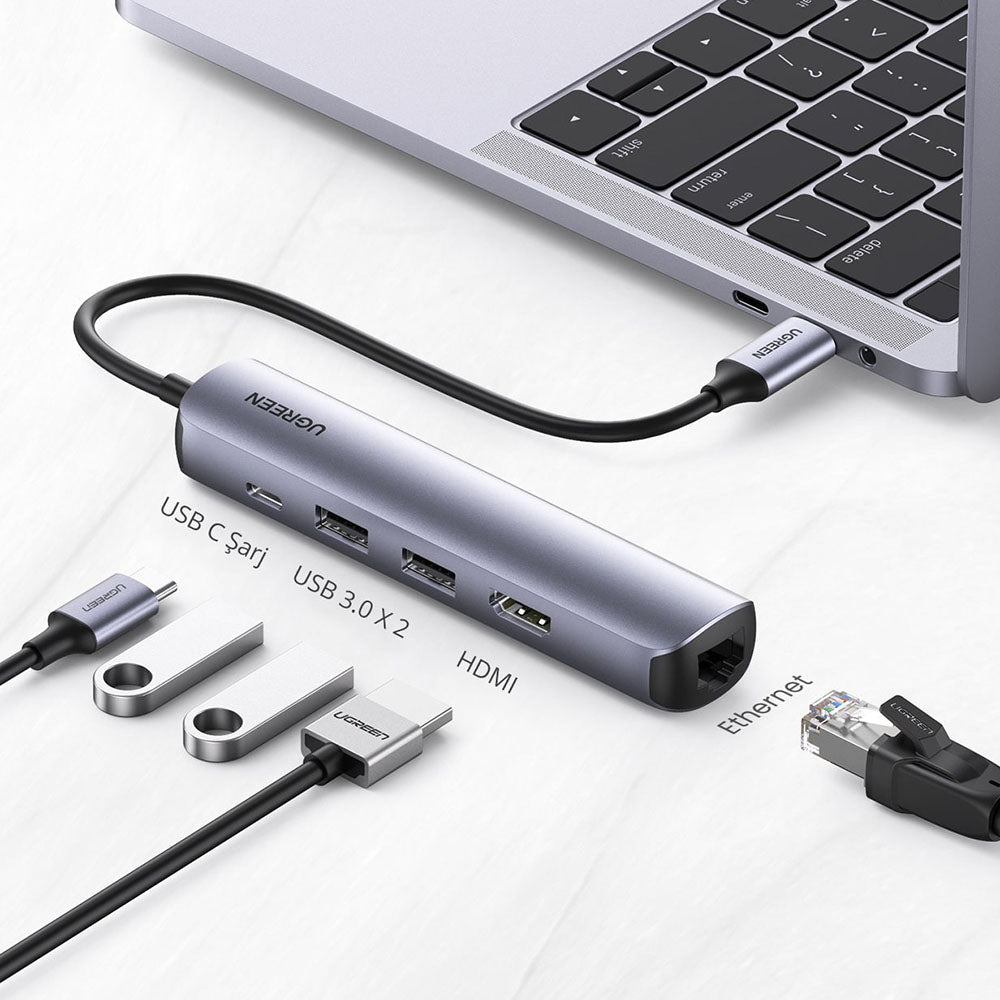 Hub USB-C UGREEN CM418 (10919), 2 x USB-A 3.0 - 1 x USB-C - 1 x HDMI - 1 x RJ45, Gri