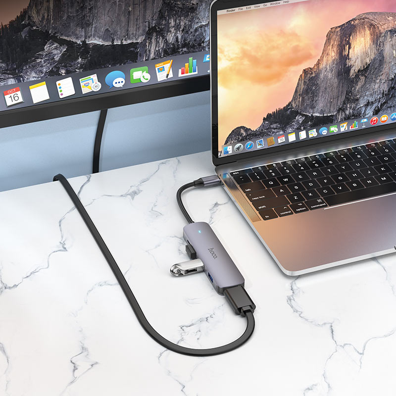 USB-C Hub HOCO HB27, USB-A 3.0 - 2 x USB-A - USB-C - HDMI, Grijs