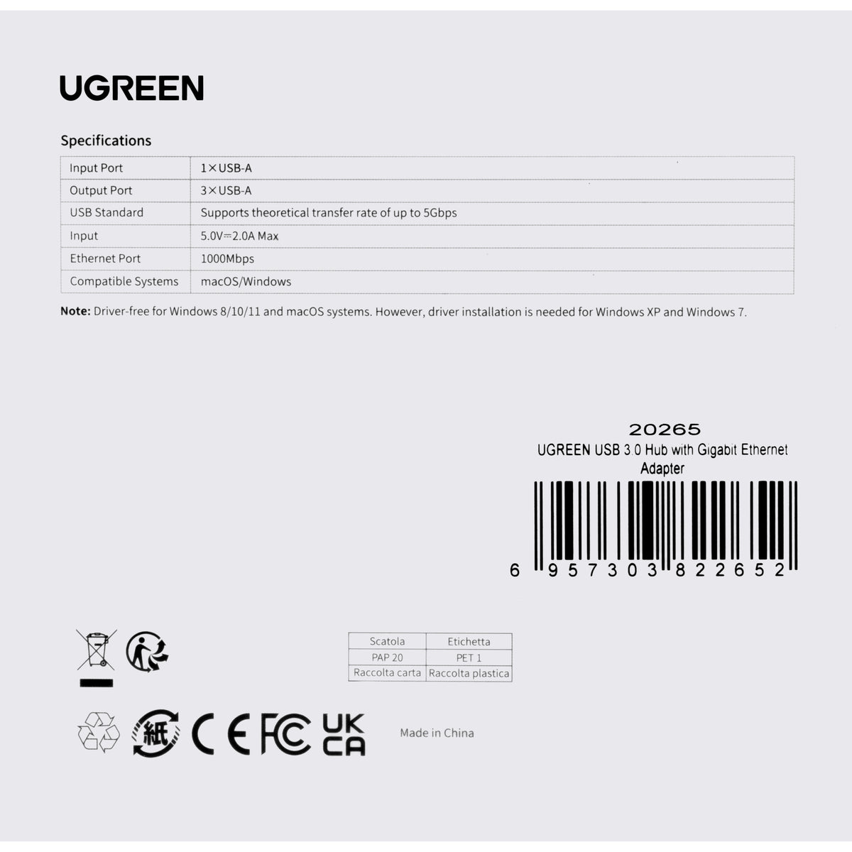 Hub USB UGREEN 20265, 3 x USB-A 3.0 - 1 x RJ45, Zwart