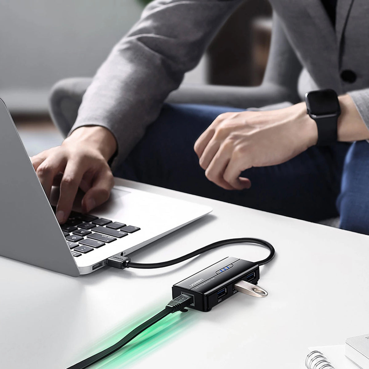 Hub USB UGREEN 20265, 3 x USB-A 3.0 - 1 x RJ45, Zwart