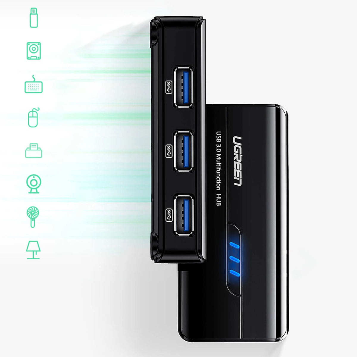 Hub USB UGREEN 20265, 3 x USB-A 3.0 - 1 x RJ45, Zwart