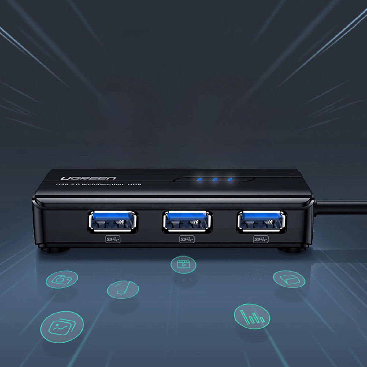 Hub USB UGREEN 20265, 3 x USB-A 3.0 - 1 x RJ45, Zwart
