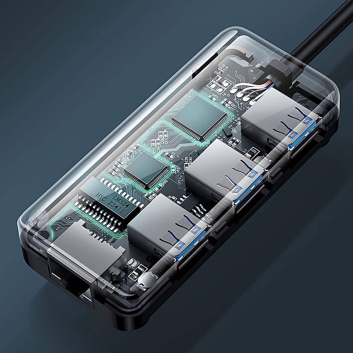 Hub USB UGREEN 20265, 3 x USB-A 3.0 - 1 x RJ45, Zwart
