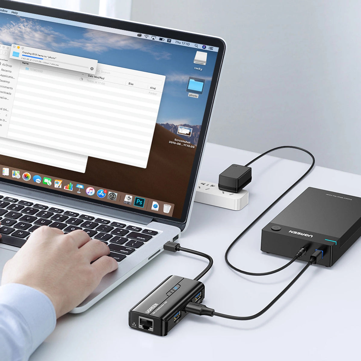 Hub USB UGREEN 20265, 3 x USB-A 3.0 - 1 x RJ45, Zwart