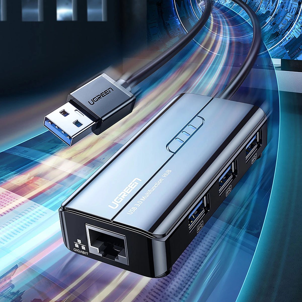 Hub USB UGREEN 20265, 3 x USB-A 3.0 - 1 x RJ45, Zwart