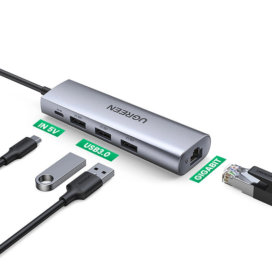 USB-hub UGREEN CM266, 3 x USB-A 3.0 - 1 x RJ45, Grijs