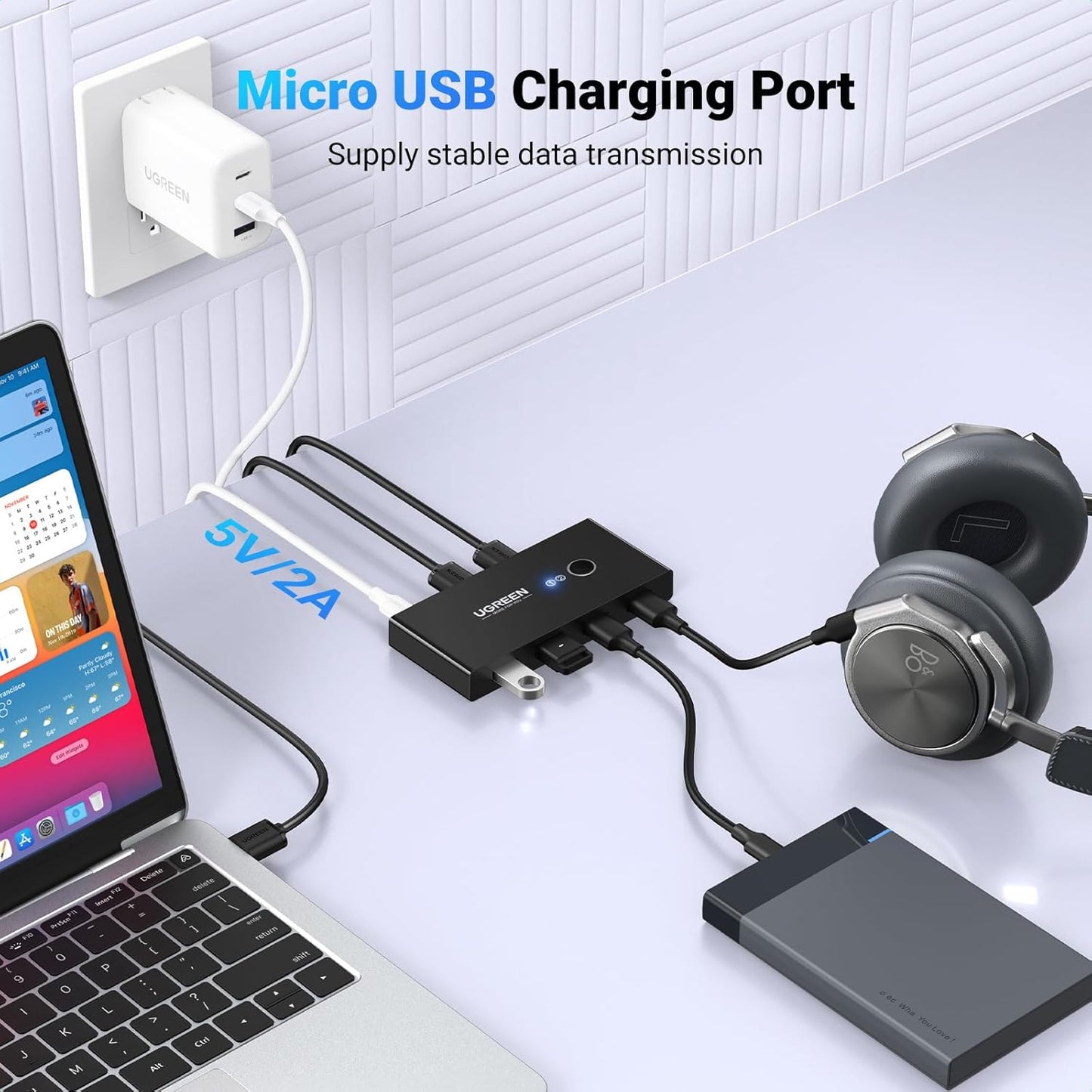 USB-hub UGREEN US216 Schakelkast voor twee delen, 4 x USB-A, zwart