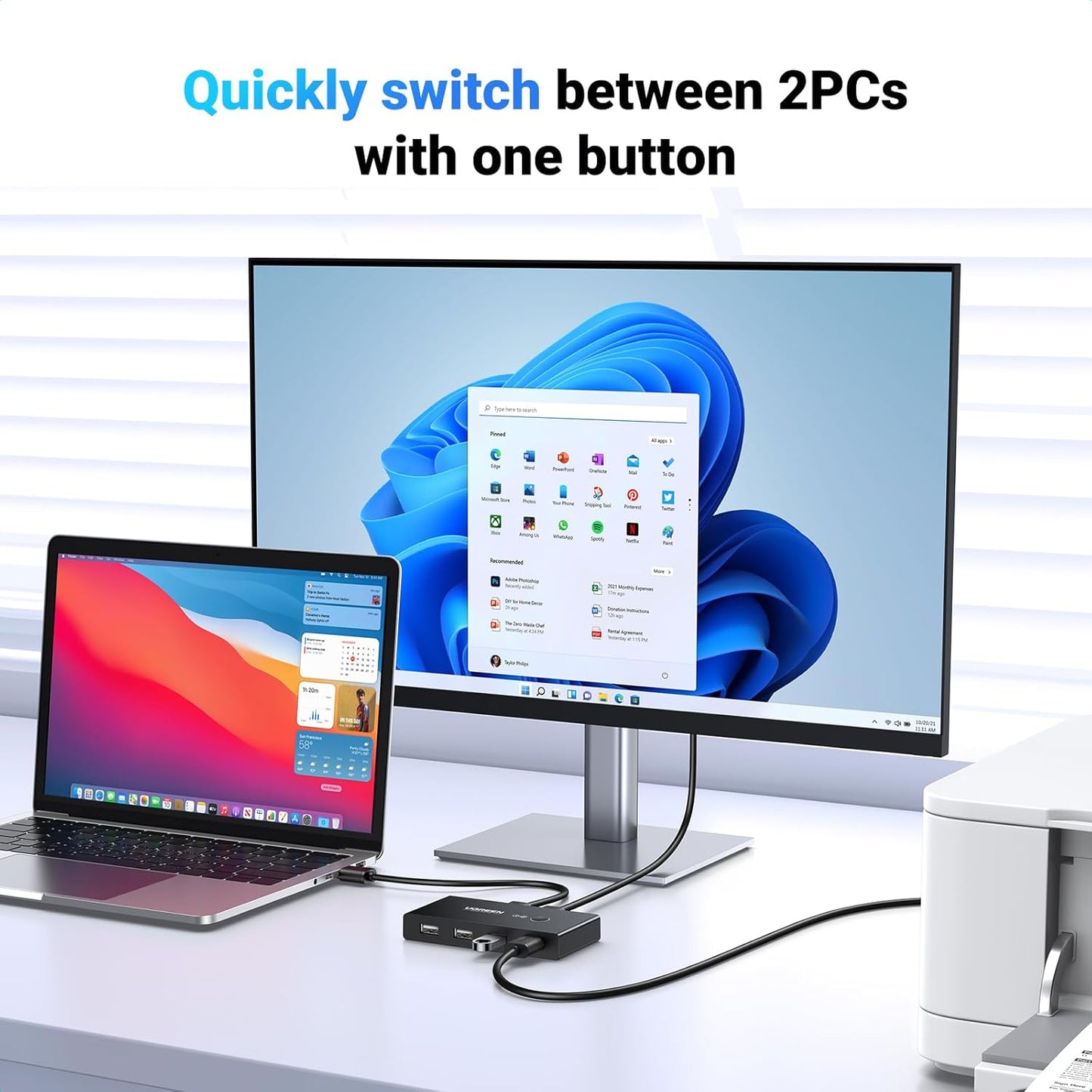 USB-hub UGREEN US216 Schakelkast voor twee delen, 4 x USB-A, zwart
