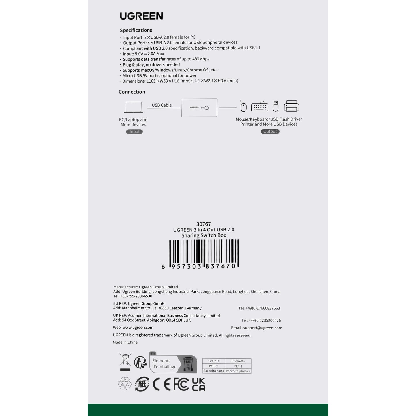 USB-hub UGREEN US216 Schakelkast voor twee delen, 4 x USB-A, zwart