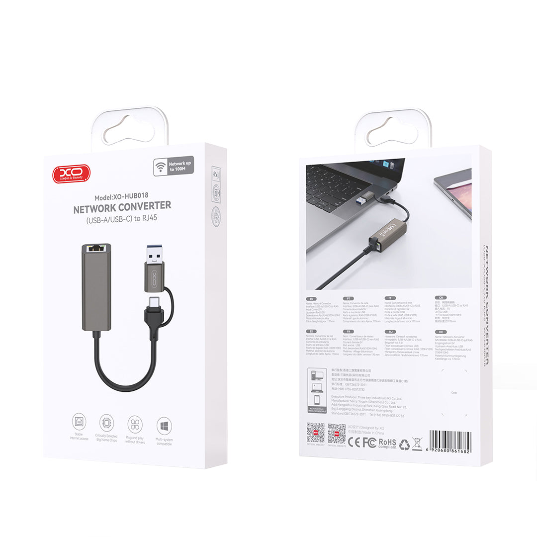 Netwerkkaart XO Design HUB018, RJ45, USB-C / USB, Gri
