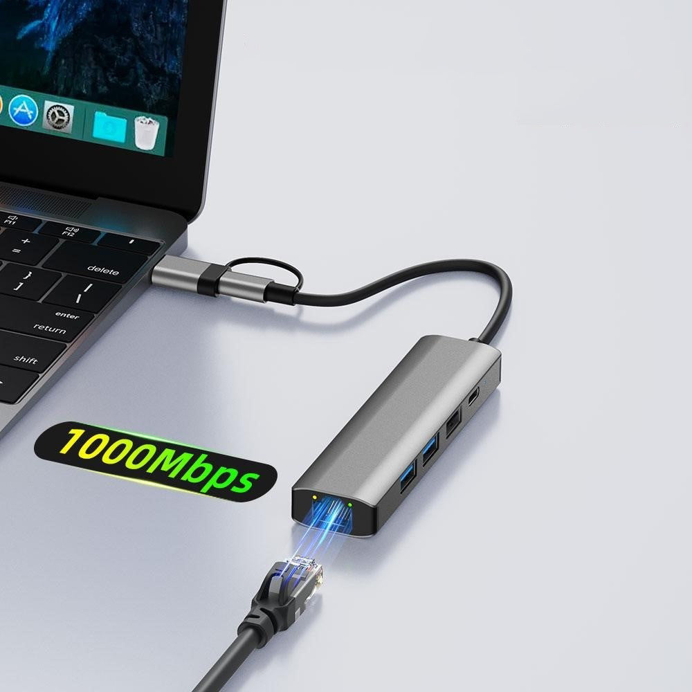 USB / USB-C Hub Techsuit H3 BoostNetLink, 5in1, Gri