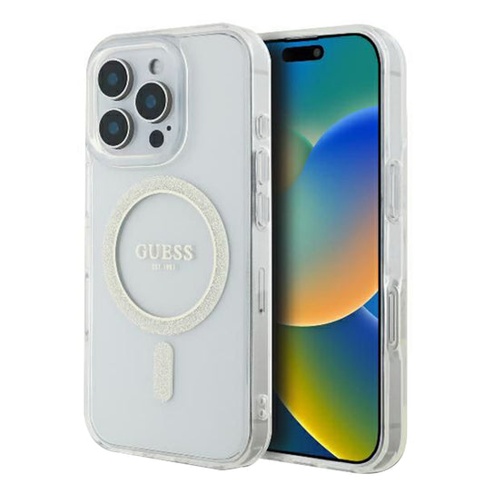 MagSafe hoesje voor Apple iPhone 16 Pro, Guess, IML Glitter Ring, Transparant GUHMP16LHFGERET