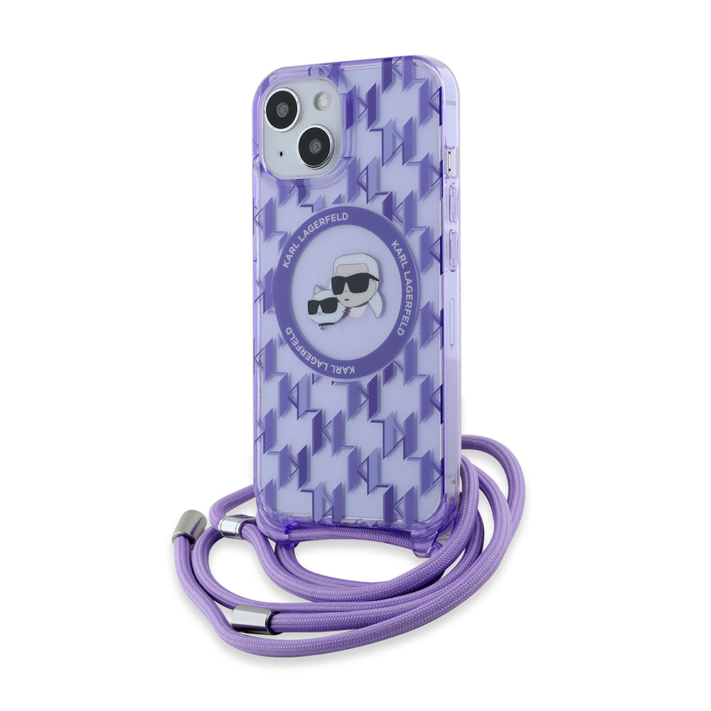 MagSafe Case for Apple iPhone 15, Karl Lagerfeld, IML Crossbody Monogram Karl & Choupette's Heads, Purple