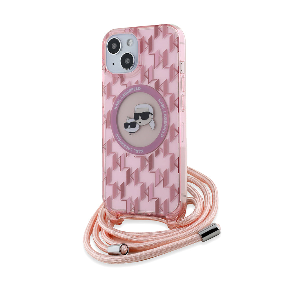 MagSafe hoesje voor Apple iPhone 15, Karl Lagerfeld, IML Crossbody Monogram Karl & Choupette's Heads, Roze