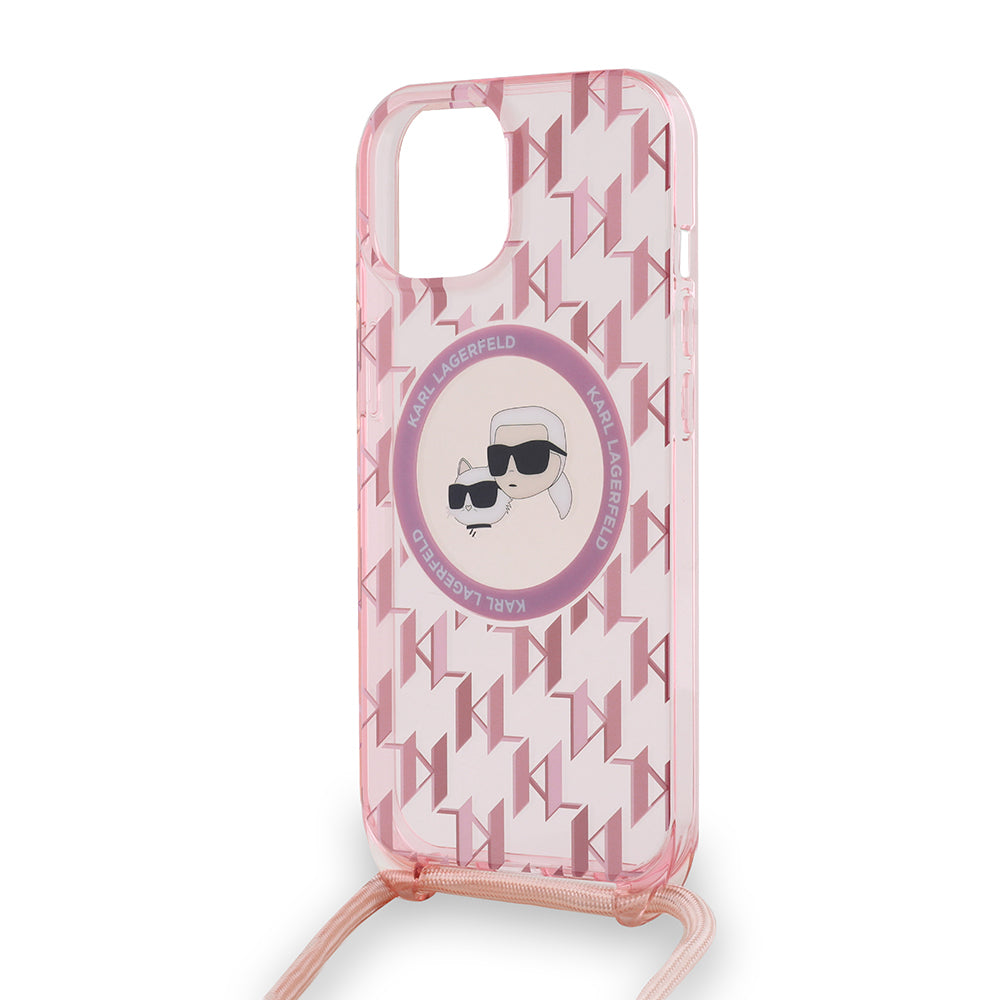 MagSafe hoesje voor Apple iPhone 15, Karl Lagerfeld, IML Crossbody Monogram Karl & Choupette's Heads, Roze