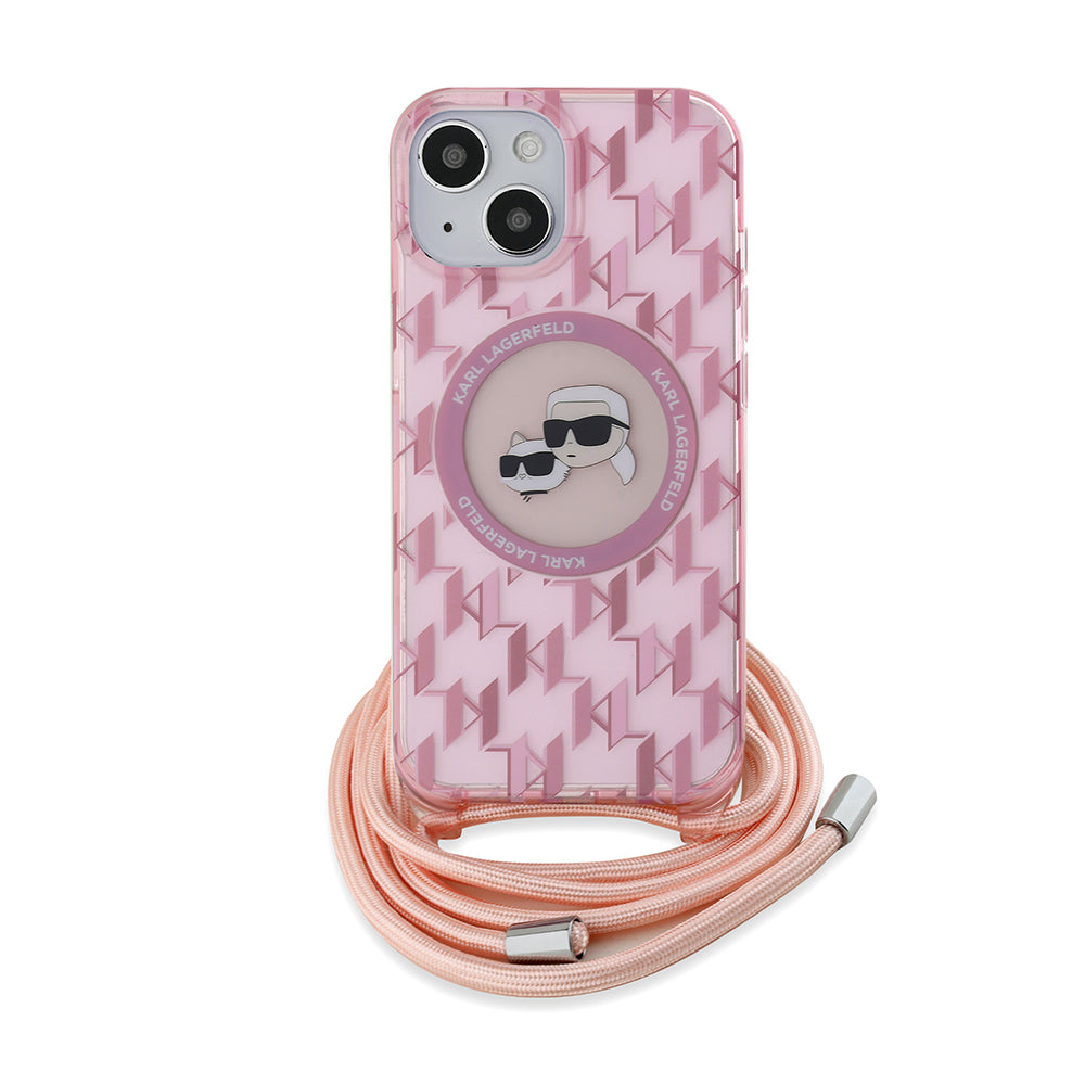 MagSafe hoesje voor Apple iPhone 15, Karl Lagerfeld, IML Crossbody Monogram Karl & Choupette's Heads, Roze