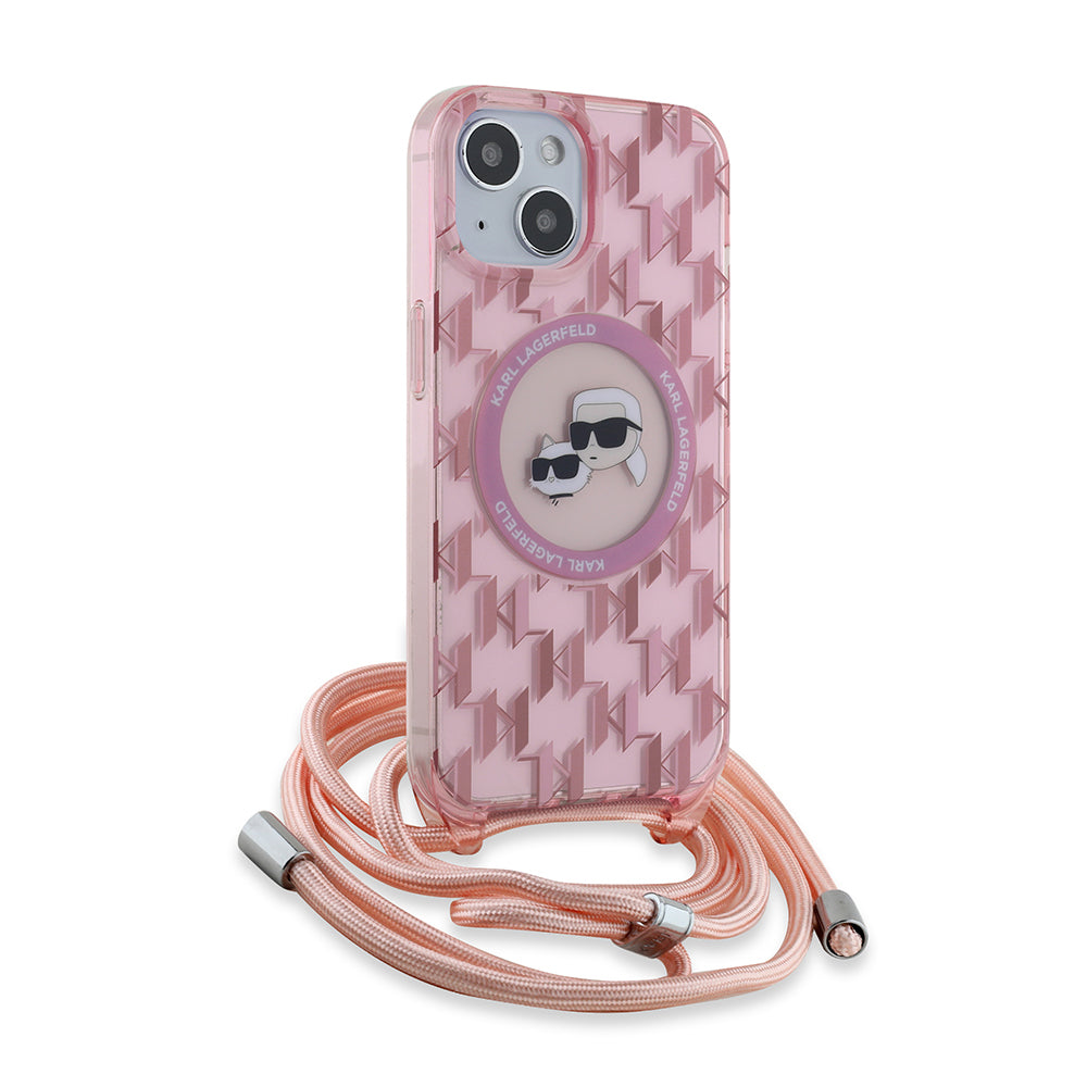 MagSafe hoesje voor Apple iPhone 15, Karl Lagerfeld, IML Crossbody Monogram Karl & Choupette's Heads, Roze
