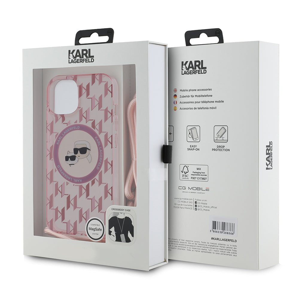 MagSafe hoesje voor Apple iPhone 15, Karl Lagerfeld, IML Crossbody Monogram Karl & Choupette's Heads, Roze