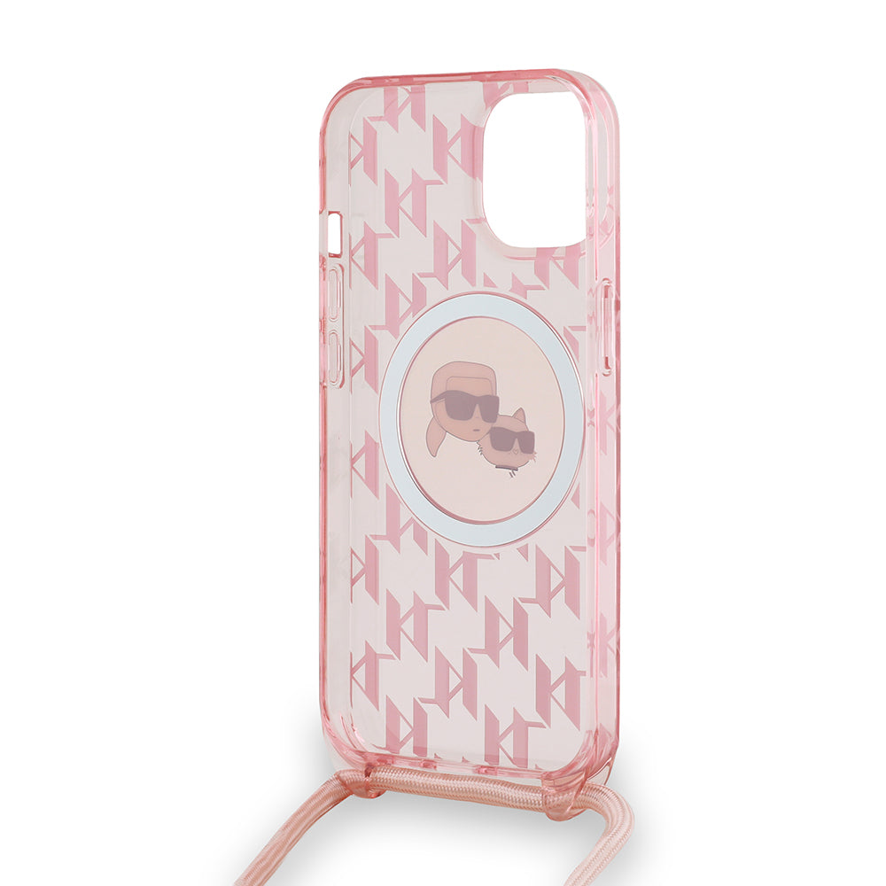 MagSafe hoesje voor Apple iPhone 15, Karl Lagerfeld, IML Crossbody Monogram Karl & Choupette's Heads, Roze
