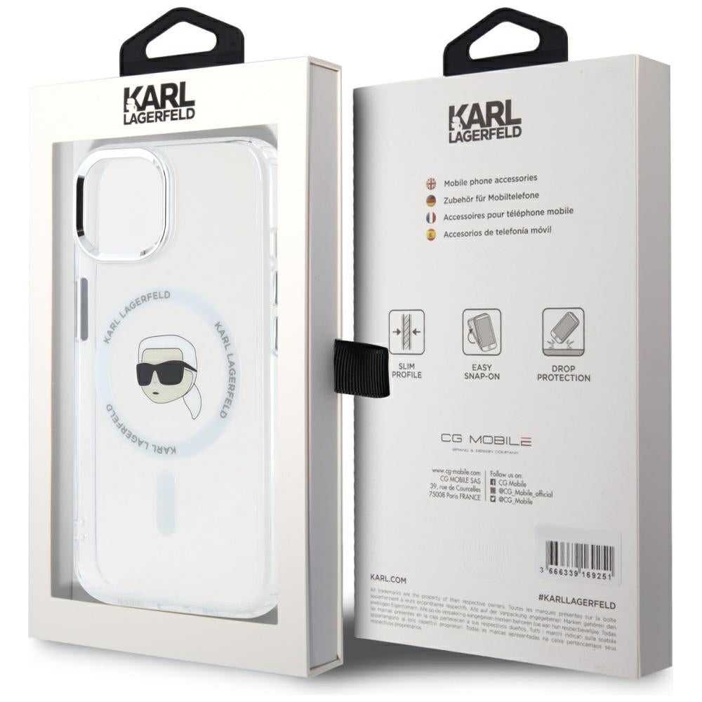 MagSafe hoesje voor Apple iPhone 15, Karl Lagerfeld, IML Metal Karl's Head, Wit