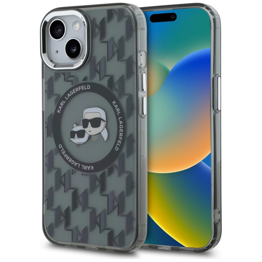 MagSafe hoesje voor Apple iPhone 15, Karl Lagerfeld, IML Monogram Karl & Choupette's Heads, Zwart