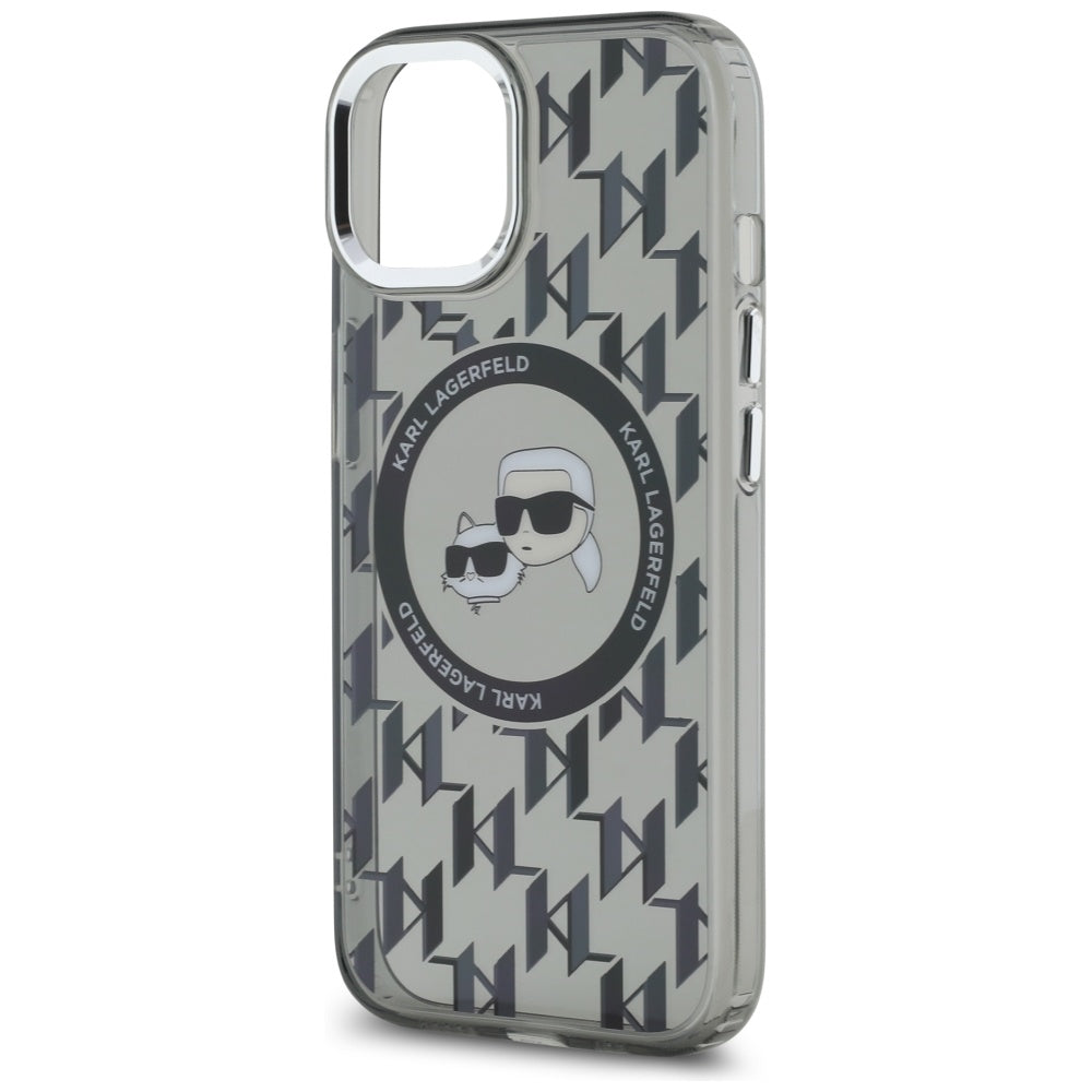 MagSafe hoesje voor Apple iPhone 15, Karl Lagerfeld, IML Monogram Karl & Choupette's Heads, Zwart