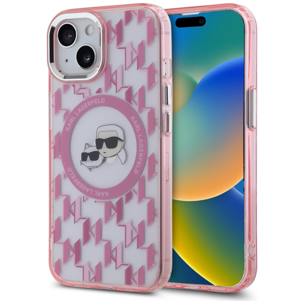 MagSafe hoesje voor Apple iPhone 15, Karl Lagerfeld, IML Monogram Karl & Choupette's Heads, Roze