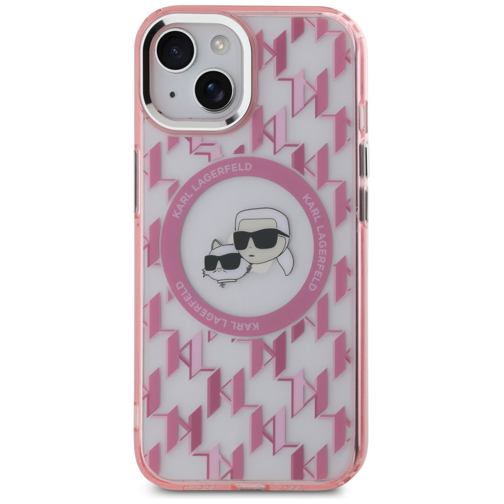 MagSafe hoesje voor Apple iPhone 15, Karl Lagerfeld, IML Monogram Karl & Choupette's Heads, Roze