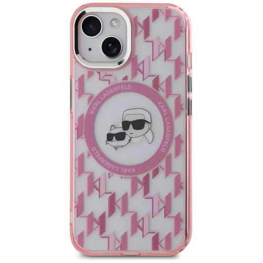 MagSafe Case for Apple iPhone 15, Karl Lagerfeld, IML Monogram Karl & Choupette's Heads, Pink