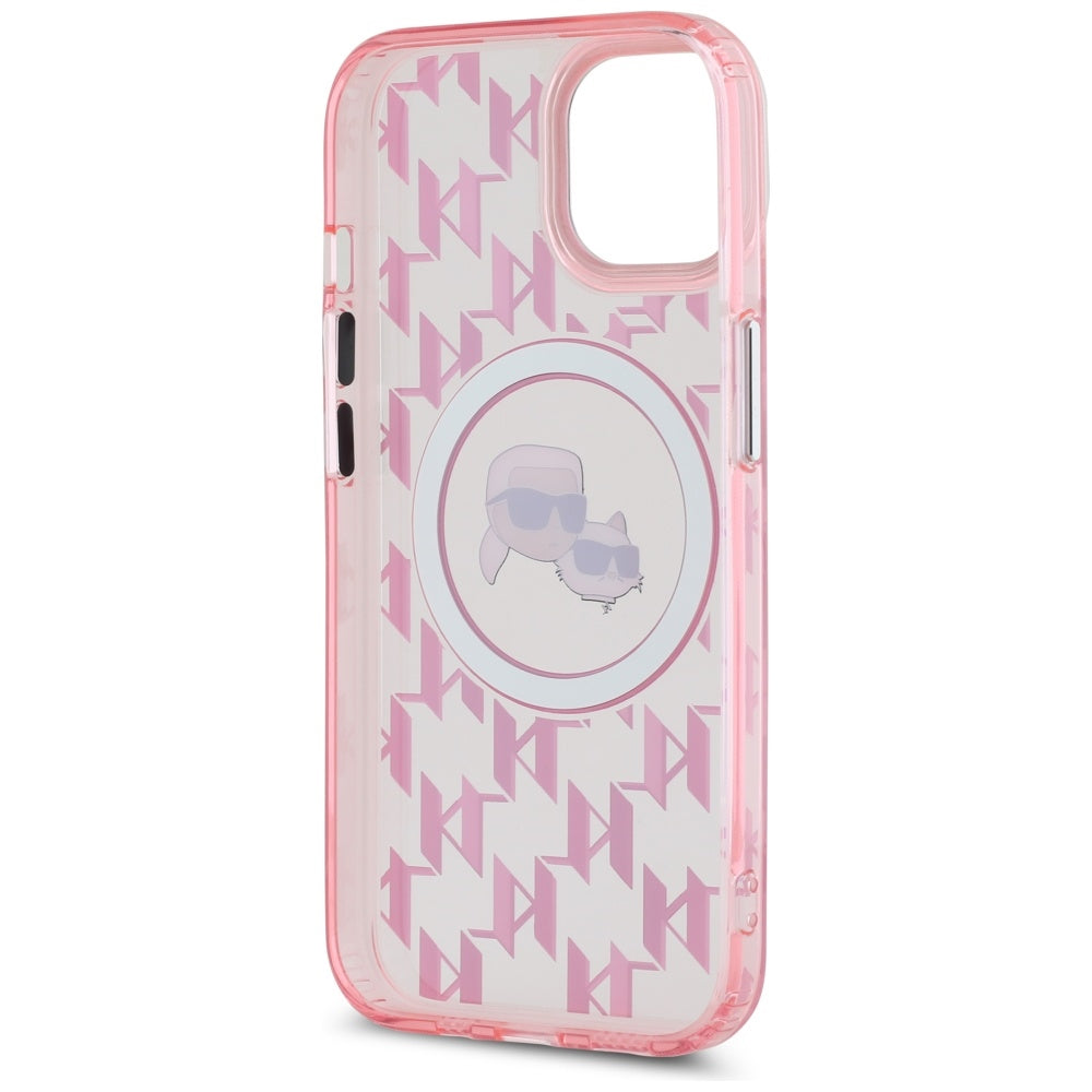 MagSafe hoesje voor Apple iPhone 15, Karl Lagerfeld, IML Monogram Karl & Choupette's Heads, Roze