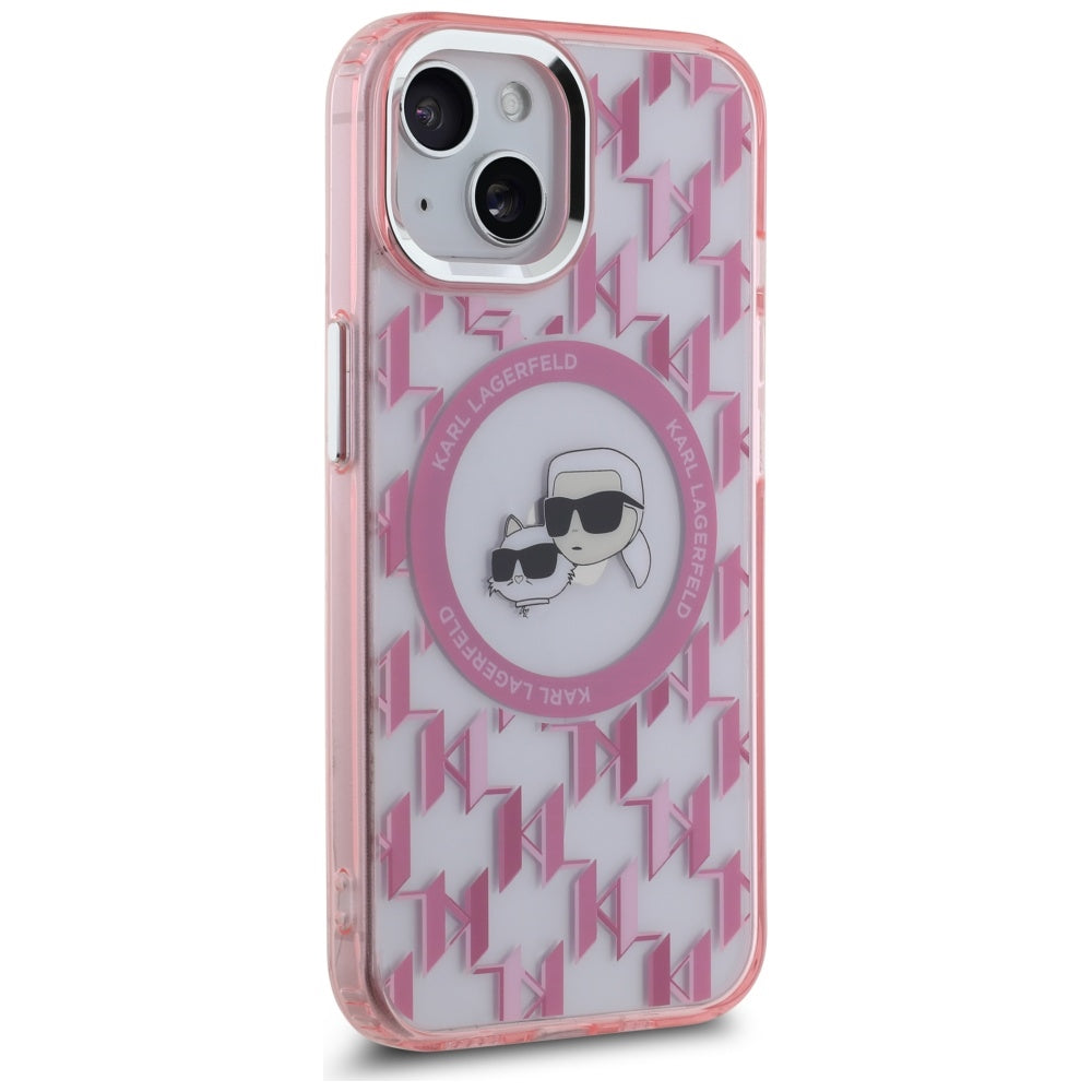 MagSafe hoesje voor Apple iPhone 15, Karl Lagerfeld, IML Monogram Karl & Choupette's Heads, Roze