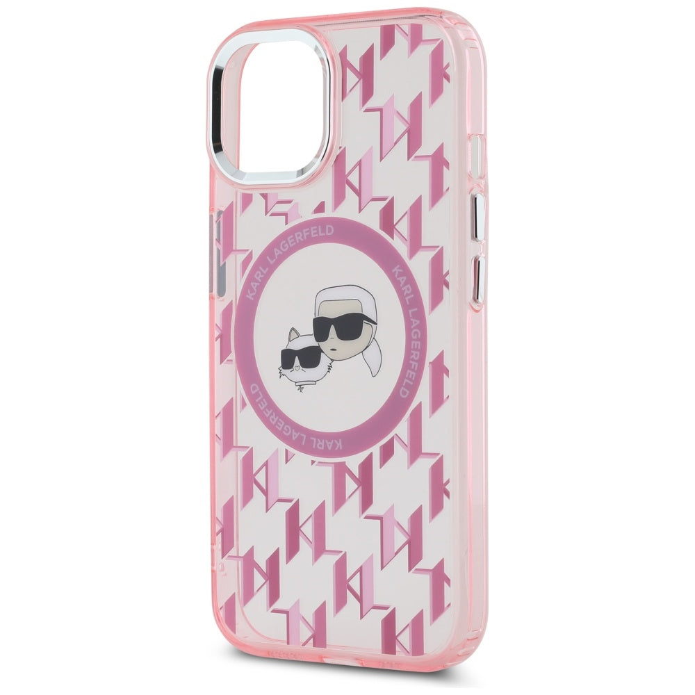 MagSafe hoesje voor Apple iPhone 15, Karl Lagerfeld, IML Monogram Karl & Choupette's Heads, Roze