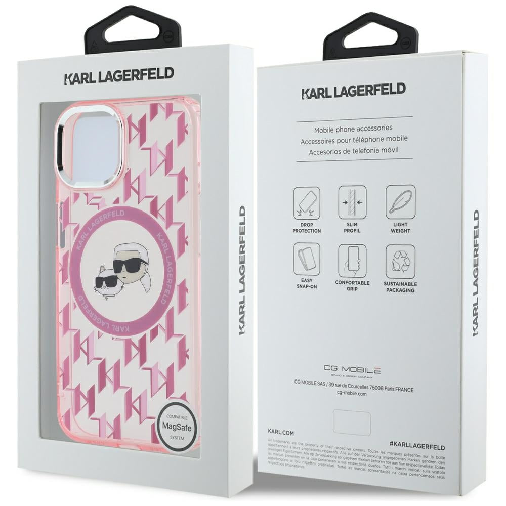 MagSafe hoesje voor Apple iPhone 15, Karl Lagerfeld, IML Monogram Karl & Choupette's Heads, Roze