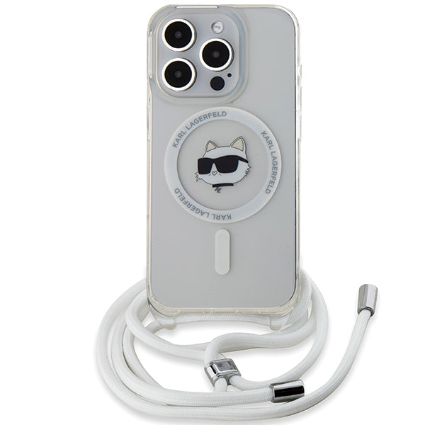 MagSafe Case for Apple iPhone 15 Pro, Karl Lagerfeld, IML Crossbody Choupette's Head with Strap, Transparent