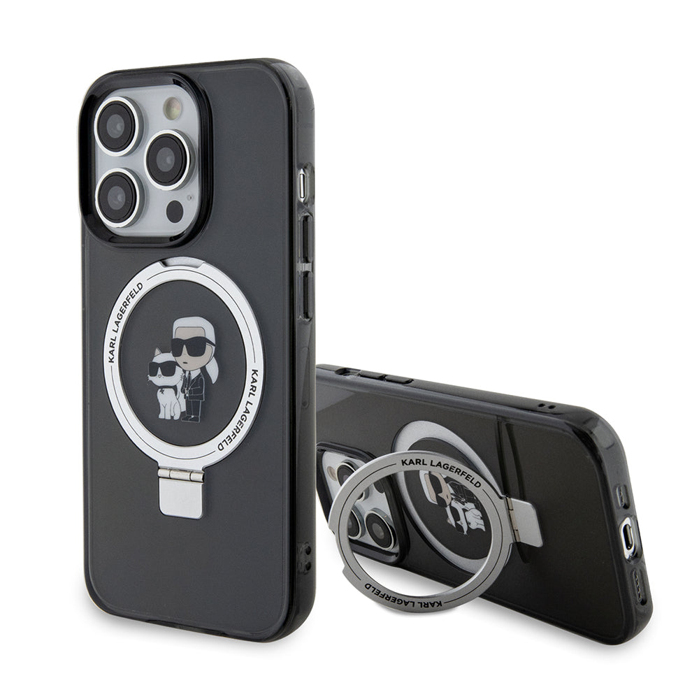 MagSafe hoes voor Apple iPhone 15 Pro, Karl Lagerfeld, Ring Stand Karl & Choupette, Zwart