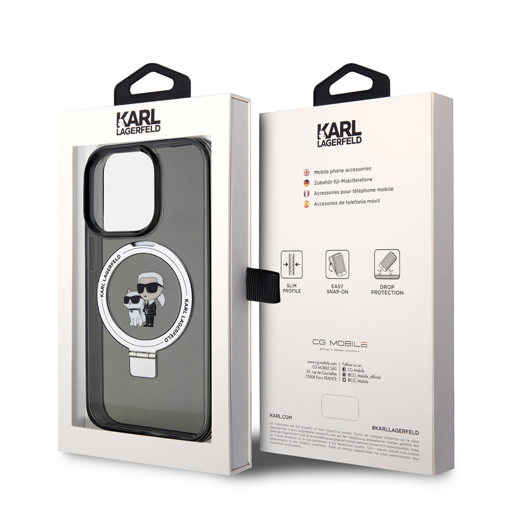 MagSafe hoes voor Apple iPhone 15 Pro, Karl Lagerfeld, Ring Stand Karl & Choupette, Zwart